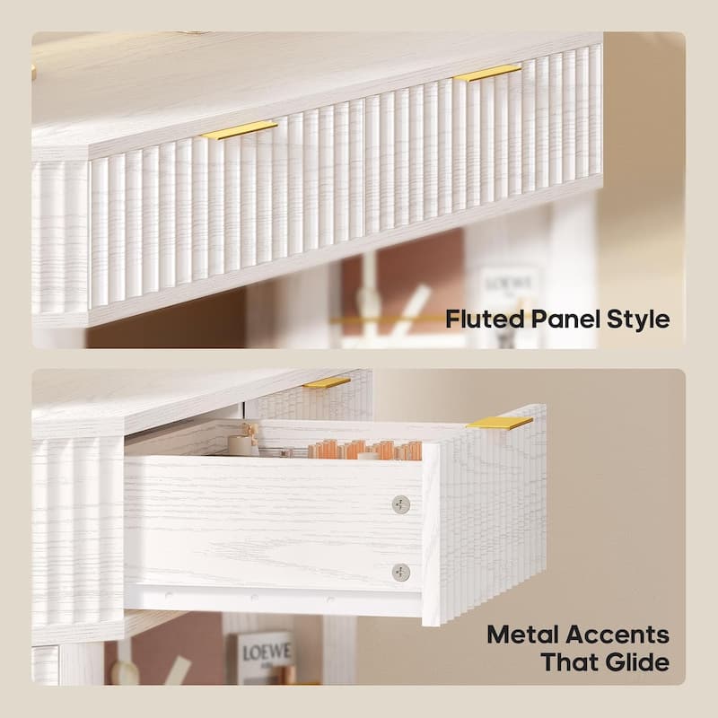 Corner Vanity Desk with Lighted Mirror Drawers Shelves Storage Stool