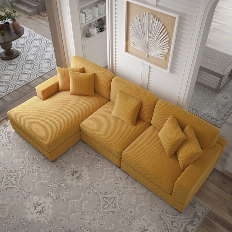 118" W Corduroy L-shape Modular Sectional Sofa with Pillows