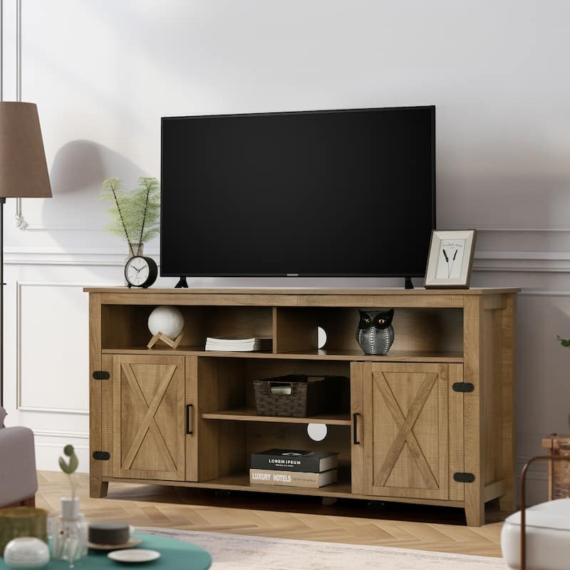 Farmhouse TV Stand for up to 65" TV with Doors and Open Shelves Media Console Power Outlet - 59 inches in width - Brown