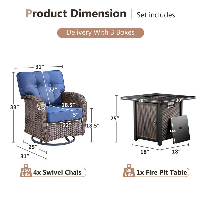 Pocassy Outdoor 30 In Fire Table with Sofa Patio Swivel Chair Set