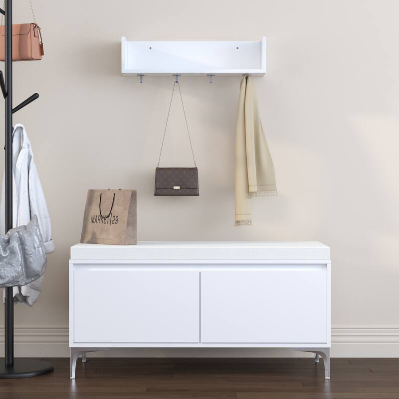 Contemporary Wall-Mounted Entryway Set - Includes Storage Bench with Seat Cushion and Overhead Shelf with Hooks, White Finish