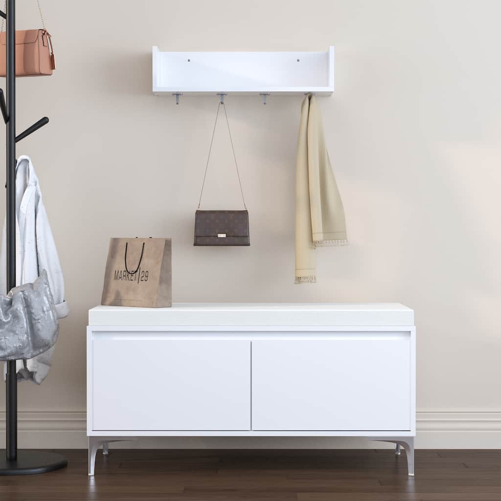 Wall-Mounted Entryway Shelf with Hooks and Storage Bench Set, Modern White Shoe Cabinet with Cushion and Closed Storage
