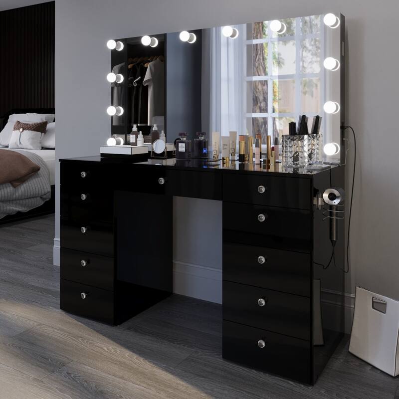 Boahaus Elle Makeup Vanity with Bluetooth Speaker, 12 Lights, and 11 Drawers