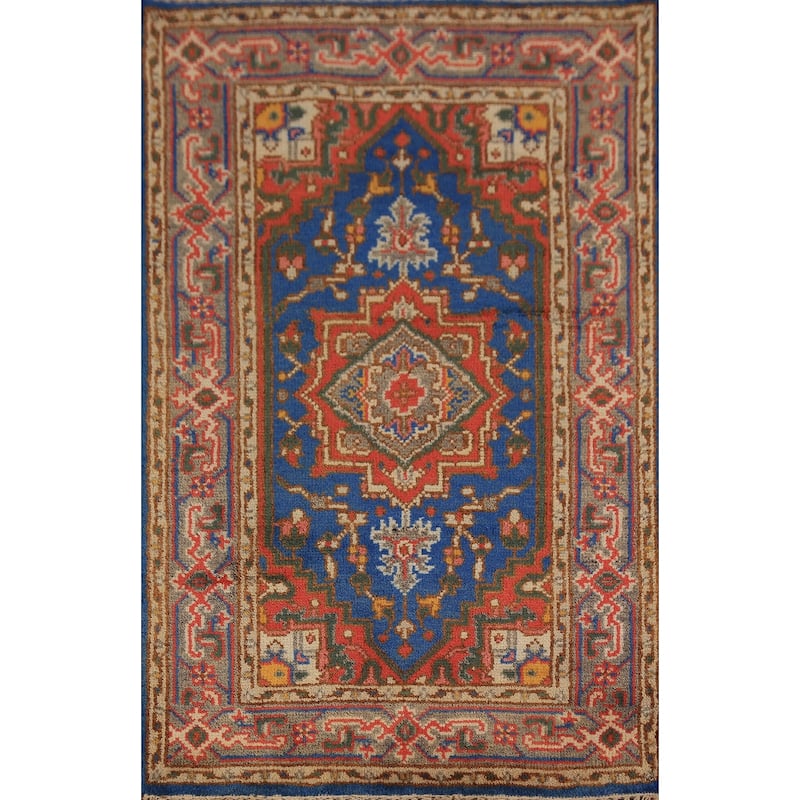 Blue Geometric Heriz Serapi Indian Foyer Rug Handmade Wool Carpet - 3'0"x 5'0"