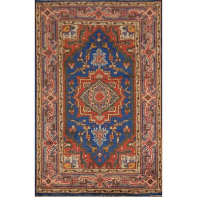 Blue Geometric Heriz Serapi Indian Foyer Rug Handmade Wool Carpet - 3'0"x 5'0"