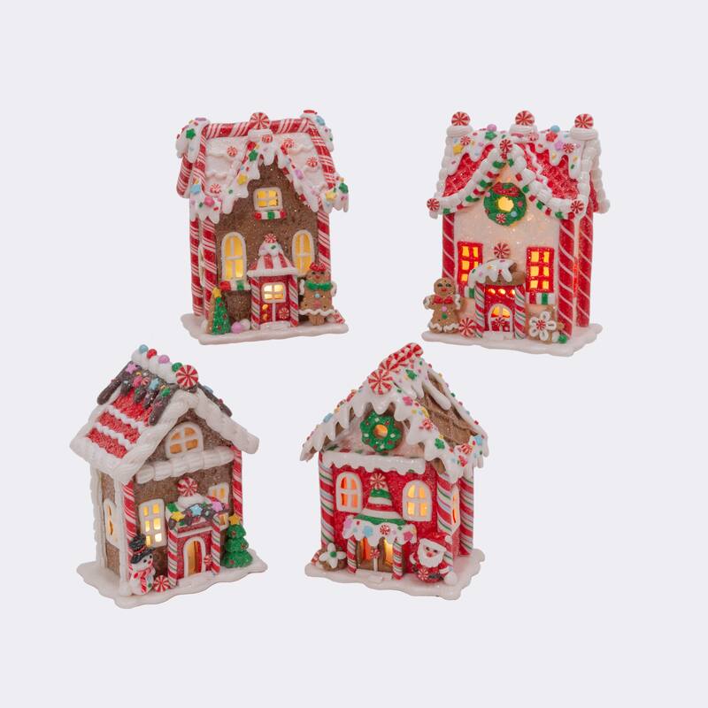 Set of 4 Battery Operated Lighted Clay Dough Holiday Gingerbread Houses