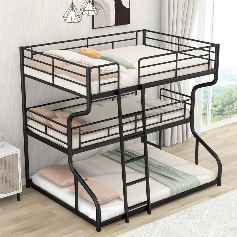 Full XL Over Twin XL Over Queen Size Triple Bunk Bed with Long and Short Ladder, 3 in 1 Metal Heavy Duty Bedframe for Kids Teens - Black - Queen
