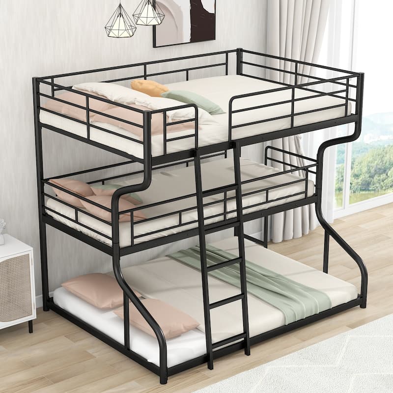 Full XL/Twin XL/Queen Triple Bunk Bed with Long and Short Ladder, Curved Metal Triple Bunk Bed Frame with Safety Guardrail