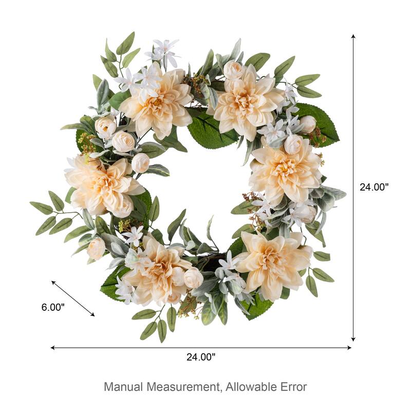 Glitzhome 24"D Artificial Floral Wreath with Peach Dahlia, Blue Peony & Hydrangea or Pink Hydrangea, Peony & Cherry