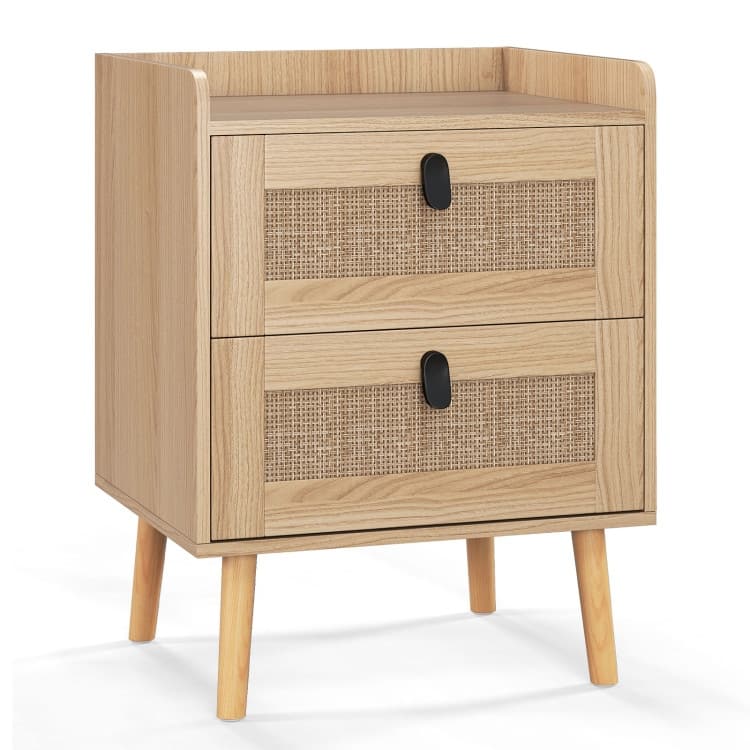 Modern End Table with Wide Top and 2 Rattan Storage Drawers - 17.5" x 15.5" x 22.5" - Natural