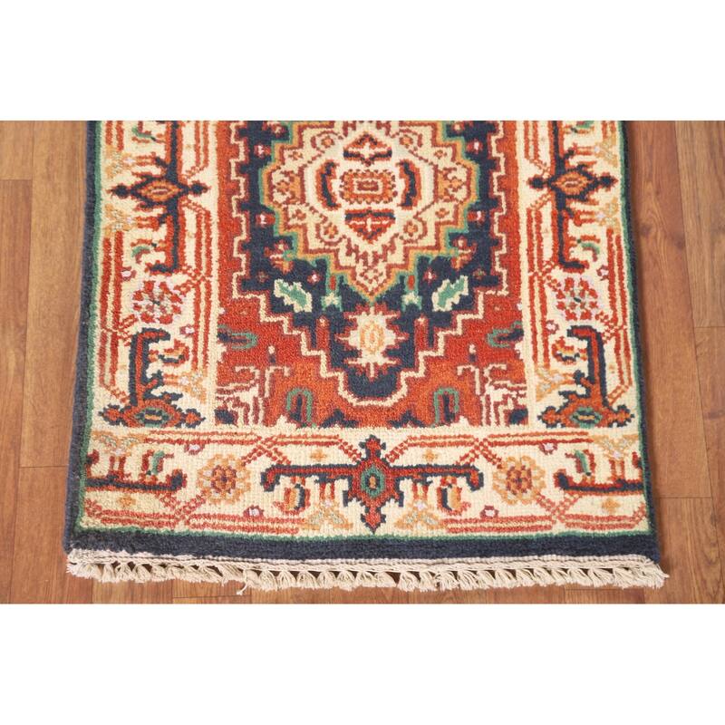 Hand Knotted Oriental 100% Wool Carpet Traditional Medallion Navy Blue & Blues Heriz (serapi) Area Rug - 3' 0'' X 2' 0''