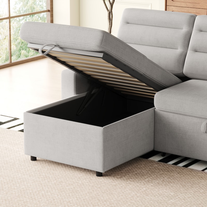 83.5" Fabric Convertible 3-Seater Sleeper Sofa with Pull-Out Bed, Recliner, Storage Pocket, and Cup Holder