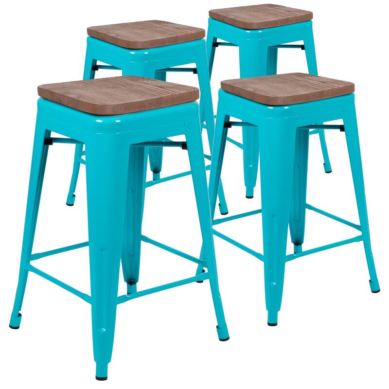 4 Pack 24" High Metal Indoor Counter Bar Stool with Wood Seat - Stackable Stool