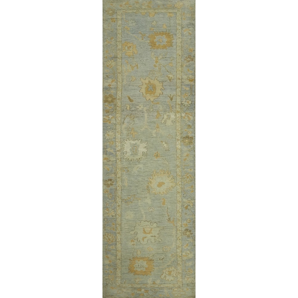 Vegetable Dye Wool Oushak Turkish Runner Rug, Floral Geometric Carpet - 11' 7'' X 2' 9''