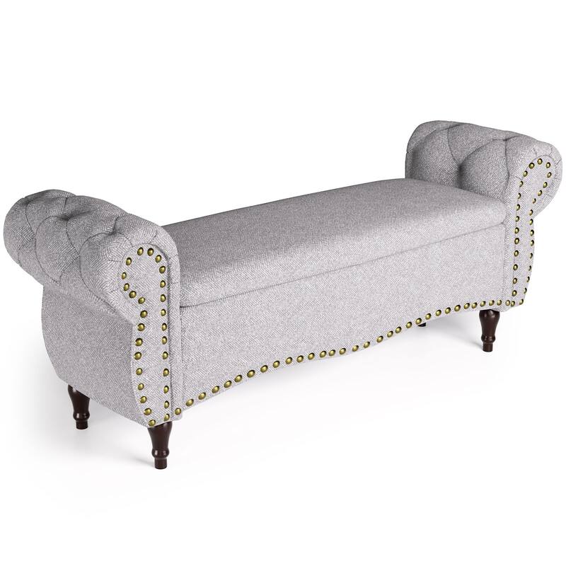 53" Tufted Storage Ottoman Bench with Rolled Arms and Nailhead Trim for Bedroom, Living Room, Entryway