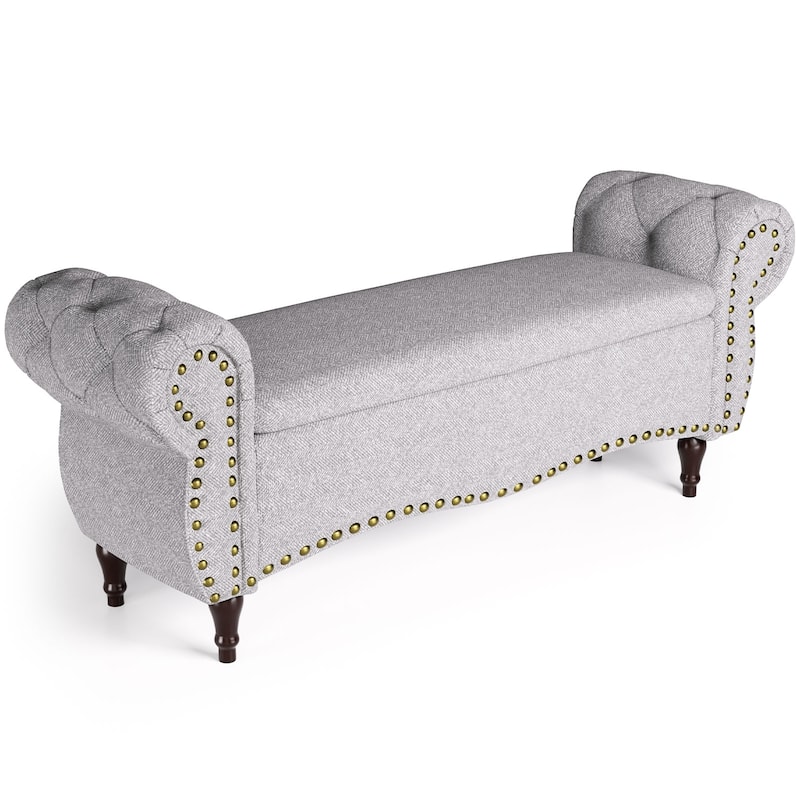 53 in Tufted Bench with Safety Hinge and Rolled Arm End of Bed Storage