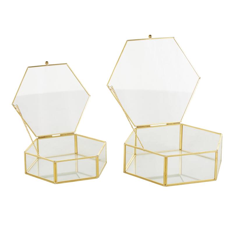Glass Geometric Hexagon Decorative Jewelry Box with Gold Metal Frame and Chain Accent - Set of 2 Clear - Roche River Decor