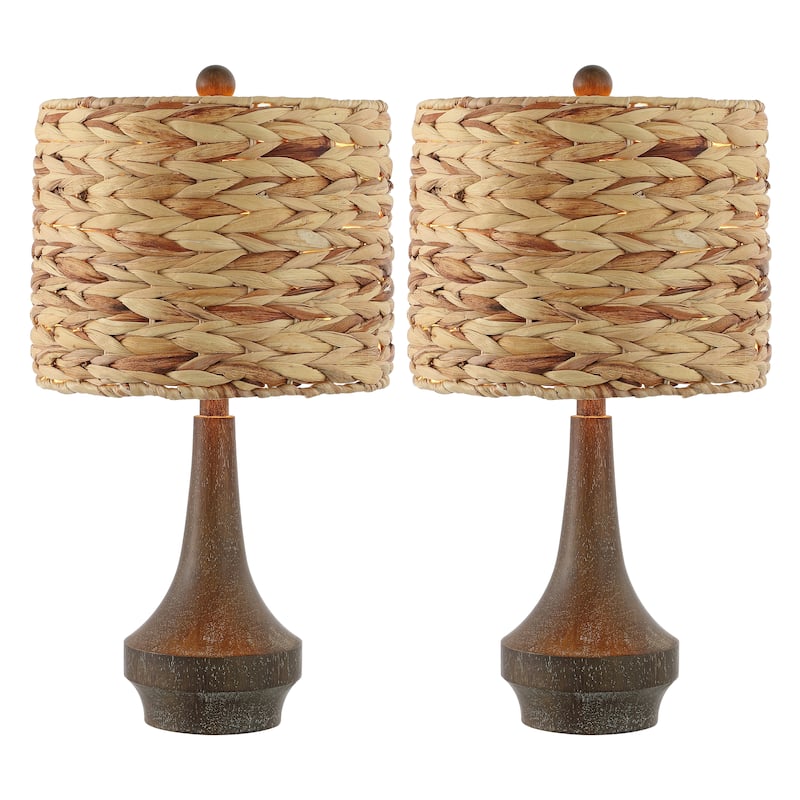 Leona 21" Rustic Farmhouse Handwoven Rattan/Resin LED Table Lamp, Brown Wood Finish (Set of 2) by JONATHAN Y - 21" - Brown Wood Finish