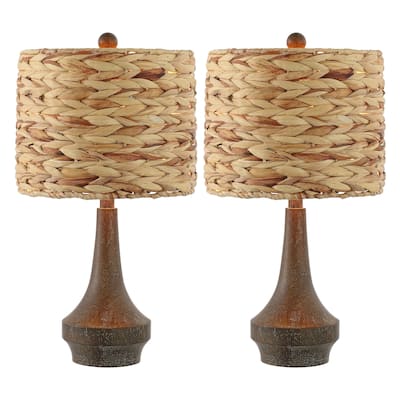 Leona 21" Rustic Farmhouse Handwoven Rattan/Resin LED Table Lamp, Brown Wood Finish (Set of 2) by JONATHAN Y