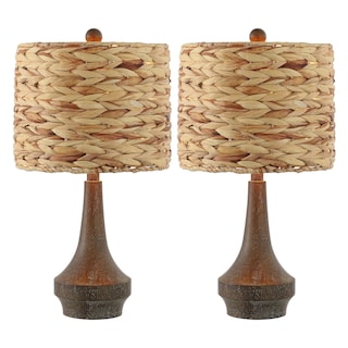 Leona 21" Rustic Farmhouse Handwoven Rattan/Resin LED Table Lamp, Brown Wood Finish (Set of 2) by JONATHAN Y