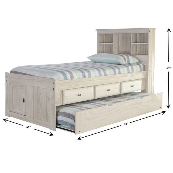 OS Home and Office Furniture 85220K3-22 Solid Pine Twin Captains Bookcase Bed with 3 drawers and Twin Sized Trundle in Light Ash