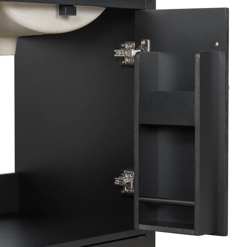 Bathroom Vanity with Ceramic Sink, Freestanding Bathroom Cabinet with Double Shelf, 1 Divided Drawer & 2 Soft Close Doors