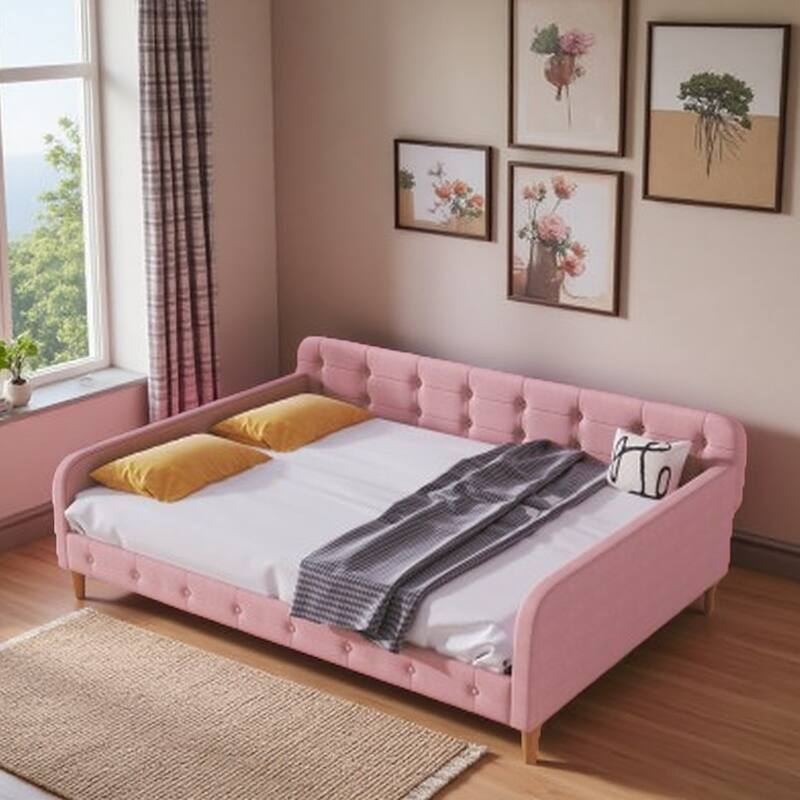 Full Size Linen Upholstered Daybed with Armrests and Sturdy Frame, Modern Sofa Bed with 4 Support Legs - Pink - Full