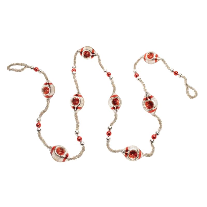 Glass Reflector Ornament String Garland 6.5"L - Red, Silver