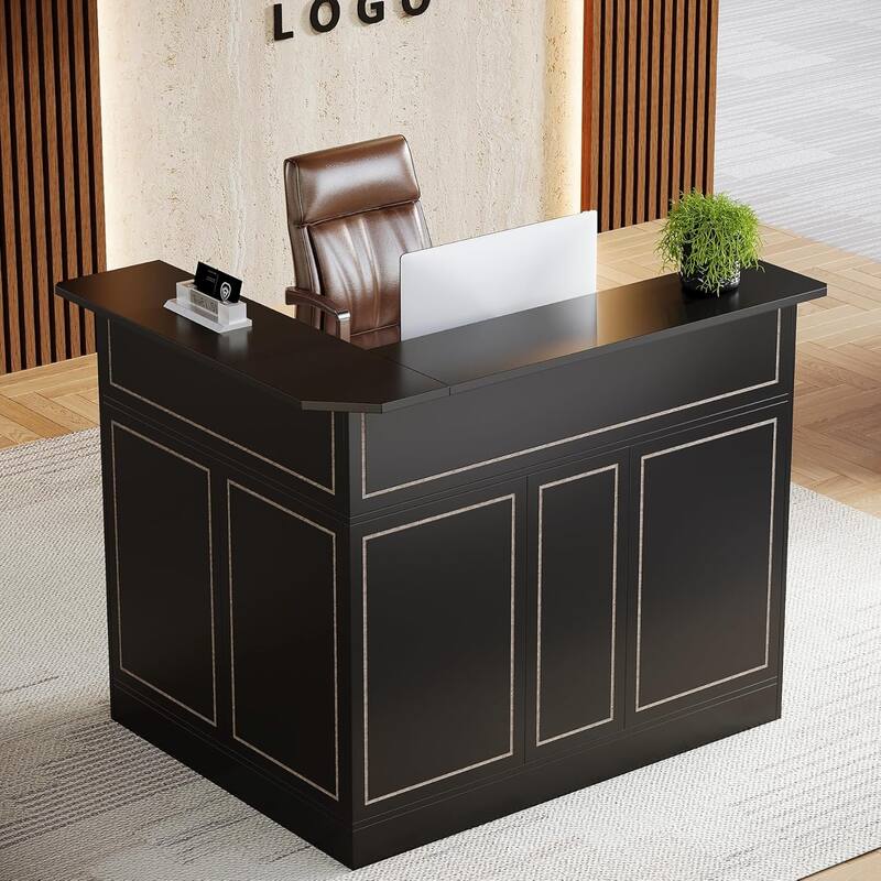 Reception Desk with Storage Shelves, L-Shaped Modern Front Desk - Black