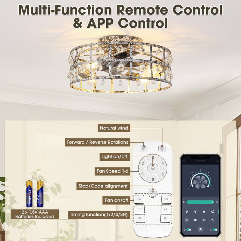 18-inch Distressed Silver Crystal Caged Low Profile Celing Fan Fandelier with Remote and APP Control