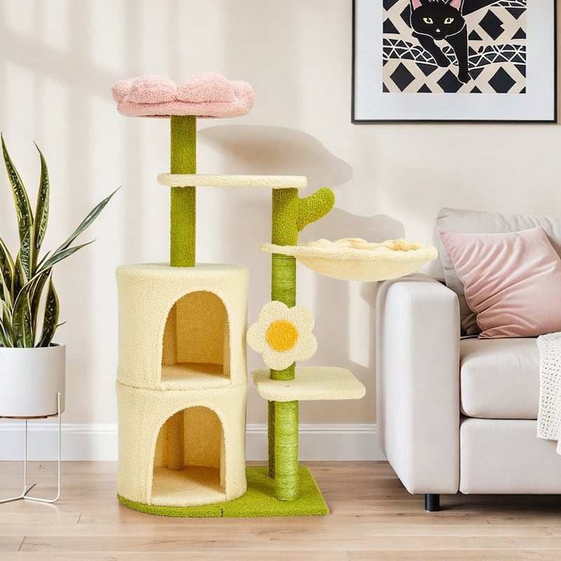 Flower Cat Tree Tower, Multi-Level Furniture with Scratching Post, House, and Bed for Small to Medium Cats - Small - Premium