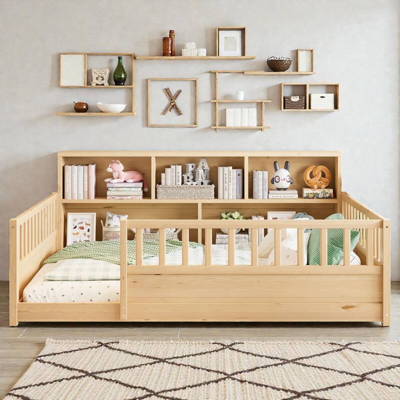 Wooden Floor Bed with Fence Guardrails, Montessori Style Kids Bed Frame with Side Storage Design