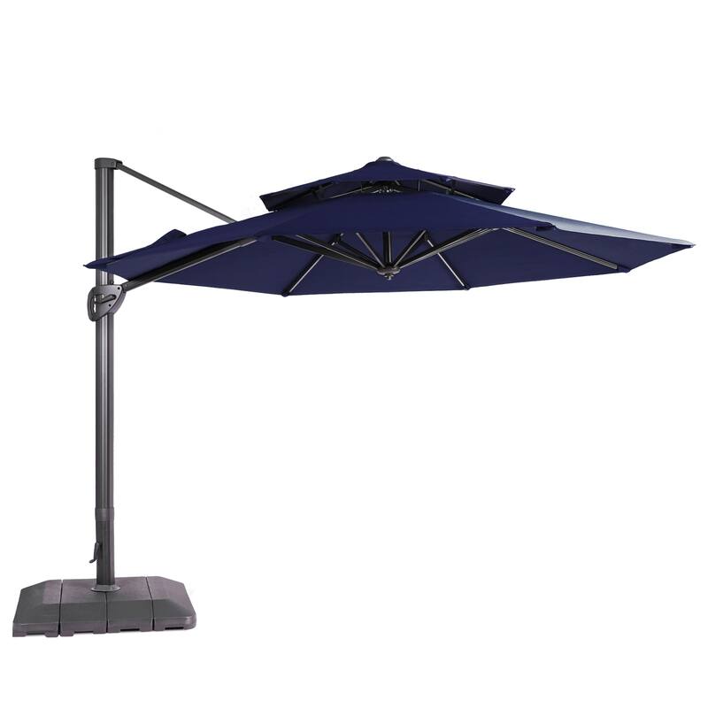 LIVOOSUN 11Ft Double Top Patio Hanging Octagon Cantilever Umbrella with 360-degree Rotating Canopy, Red