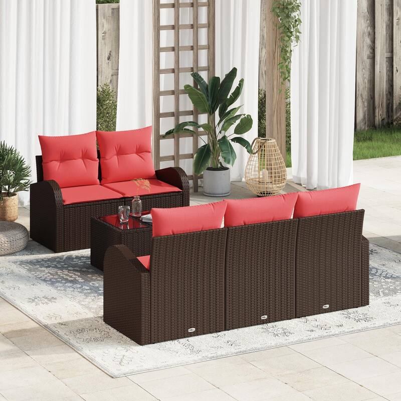 vidaXL 6 Garden Sofa Set with Cushions Black/Brown/Grey Poly Rattan - 70.5 x 24.4 x 27.2 - Brown
