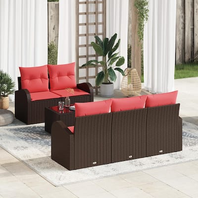 vidaXL 6 Garden Sofa Set with Cushions Black/Brown/Grey Poly Rattan - 70.5 x 24.4 x 27.2