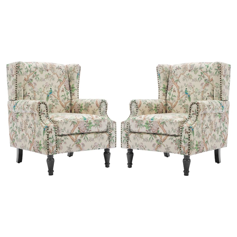 2 Set Transitional Patterned Wingback Accent Chairs with NailHead