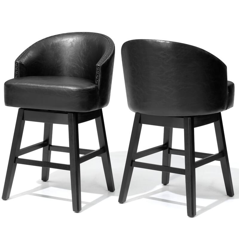 26.4"H Swivel Faux Leather Upholstered Solid Wood Counter Stools - Set of 2 - 26.6''-Black Cushion+Black Legs