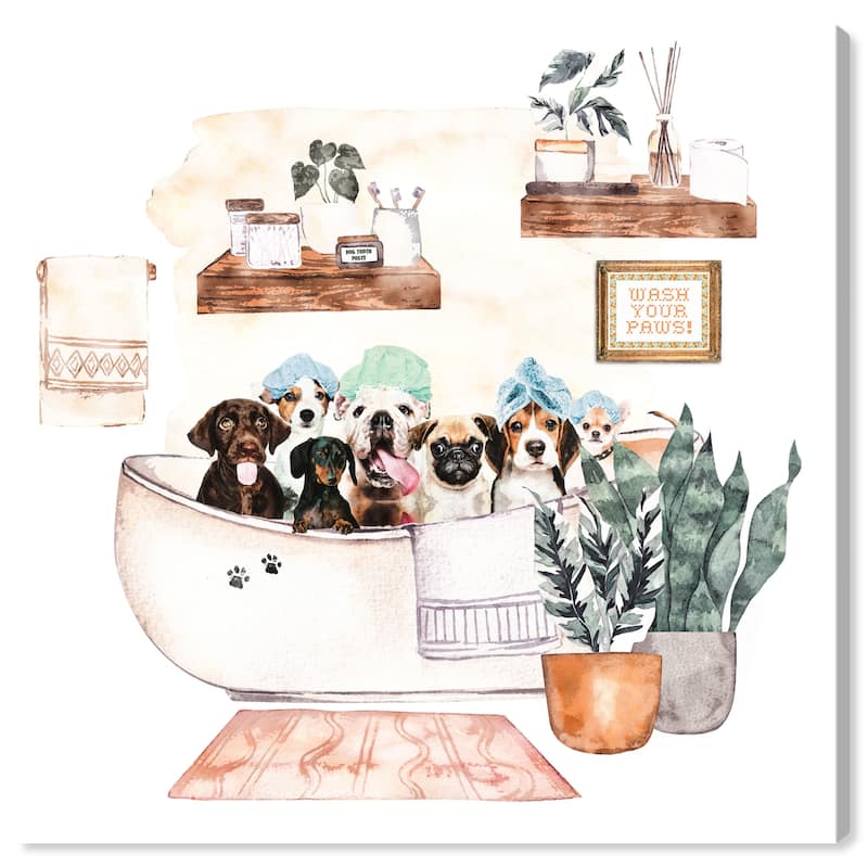 Wynwood Studio Canvas Bath and Laundry Dogs in The Bath Tub White and Cream White Modern & Contemporary Wall Art Canvas Print