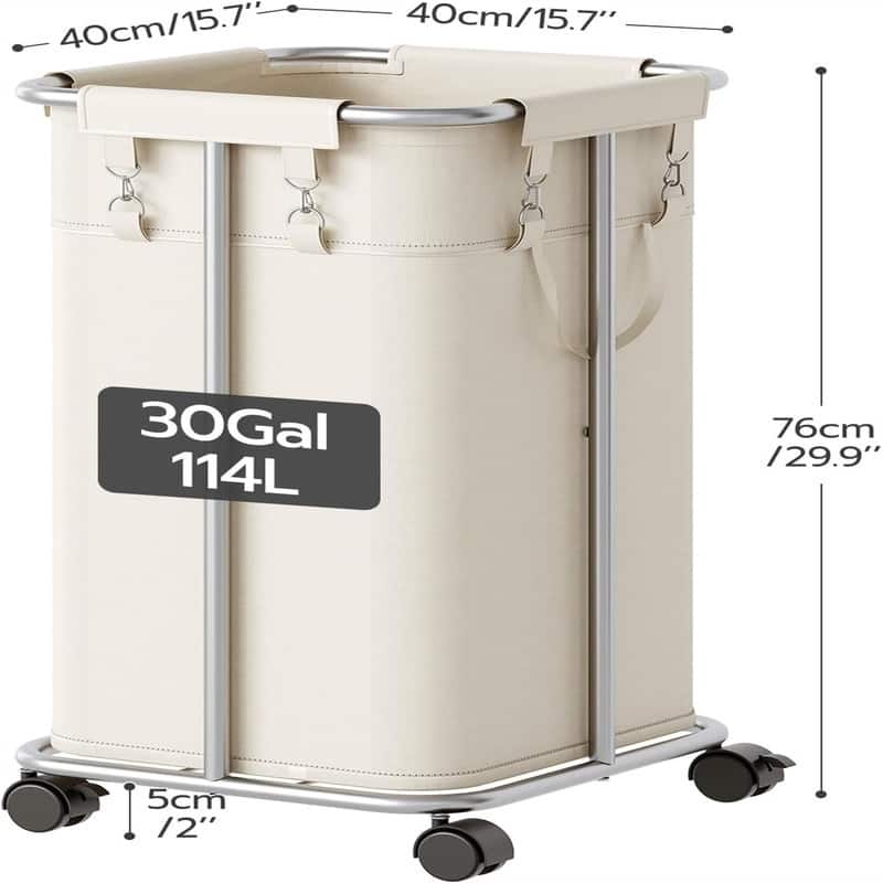 Laundry Basket with Wheels 30 Gallons (114 L) Rolling Laundry Hamper - 15.7"L x 15.7"W x 29.9"H