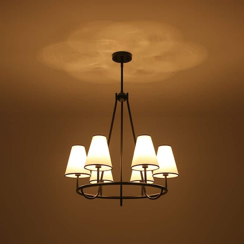 Transitional 6-Light White Fabric Cone Circular Chandelier 25.6 in