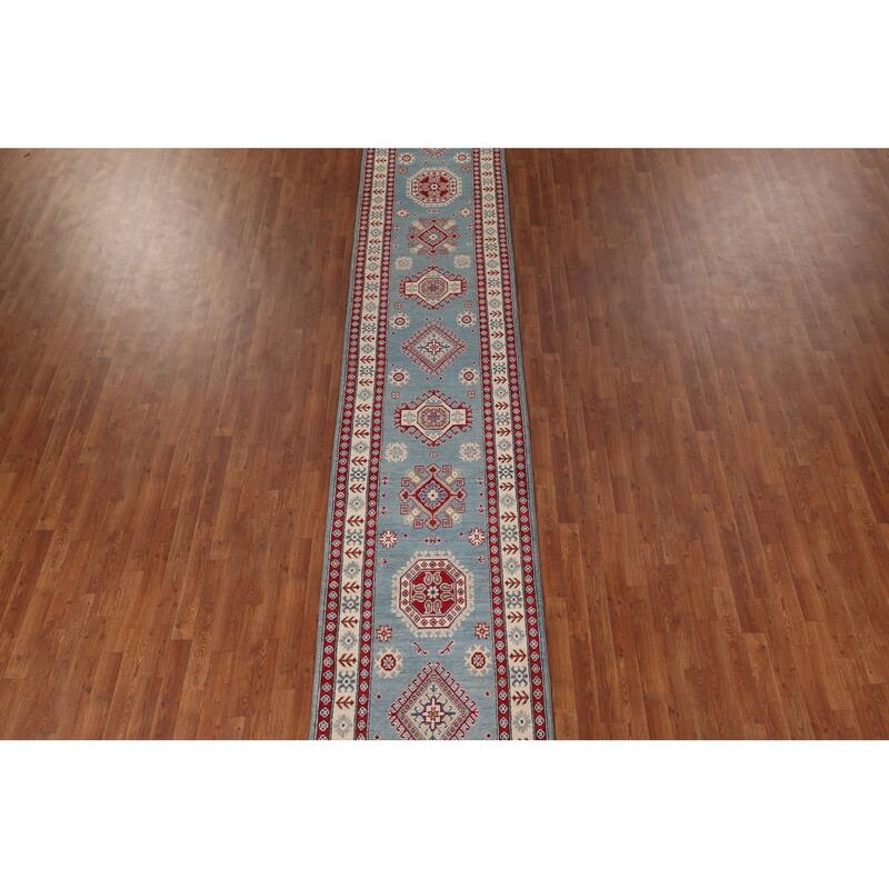 Light Blue Kazak Oriental Runner Rug Handmade Wool Carpet - 2'10" x 15'0"