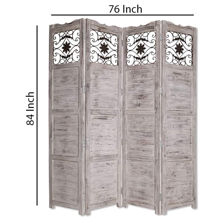 Wooden 4 Panel Screen with Textured Panels and Scrolled Details, White