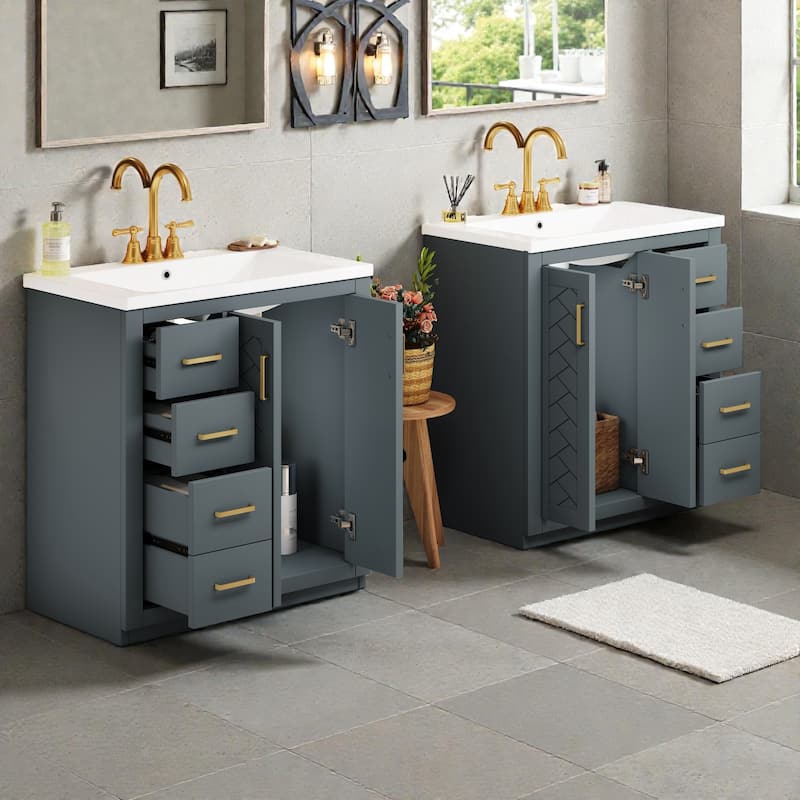 60" Modern Bathroom Vanity with Separate Ceramic Sink, Solid Wood and MDF Storage Cabinet, Soft Closing Doors