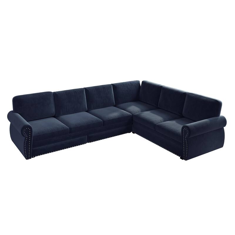 L-Shaped Sectional Sofa with Pull-Out Bed, Oversize Convertible Sleeper Sofa with Rolled Arms, Chenille Upholstery