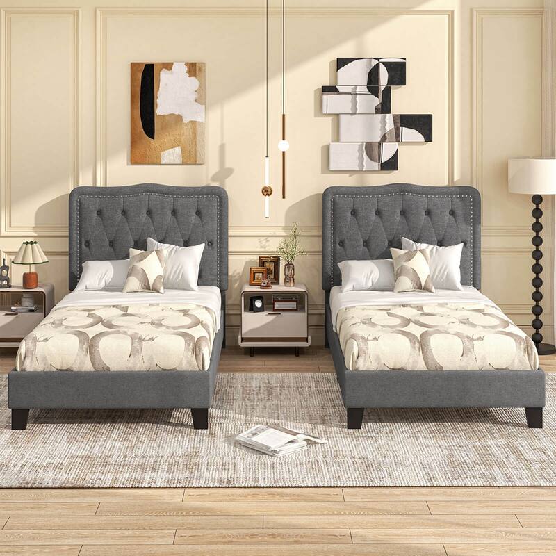 Twin Size Bed Frame Modern Linen Upholstered Platform Bed