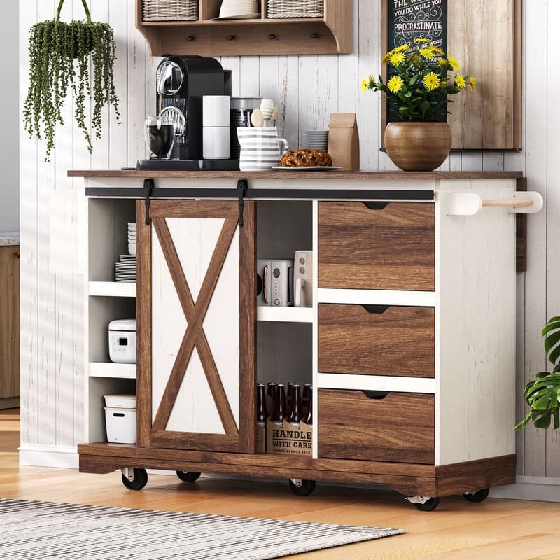 Farmhouse Kitchen Island with Drop Leaf, Barn Door, Power Outlet, Rolling Kitchen Cart