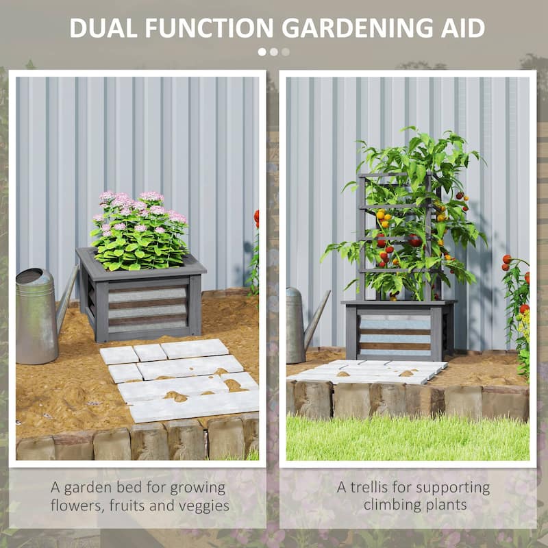 Raised Garden Bed with Trellis for Outdoor Gardening Wooden and Steel Planter Box for Climbing Plants Vegetables