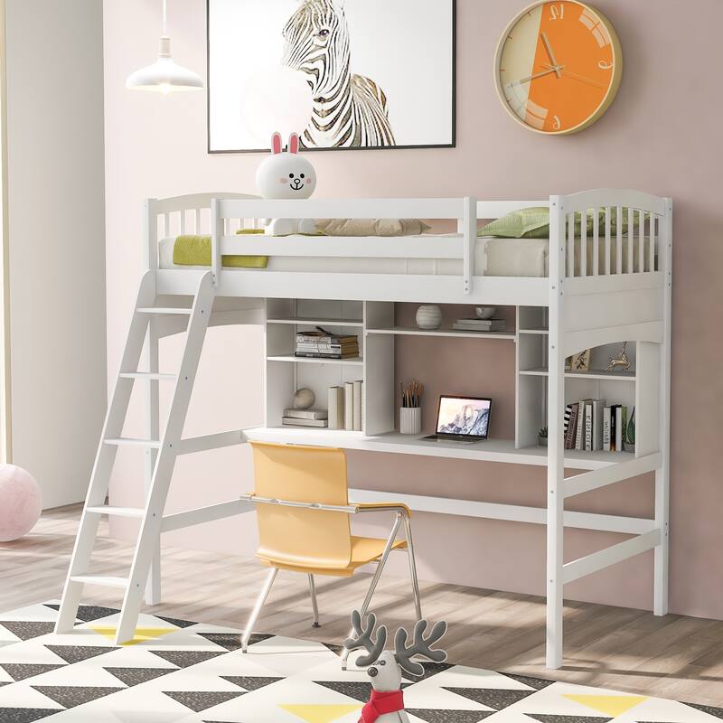 Roomfitters Twin Size Loft Bed with Desk, Storage Shelves and Ladder, White