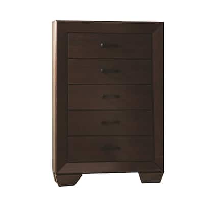 Wooden Transitional Five Drawer Chest, Dark Cocoa Brown