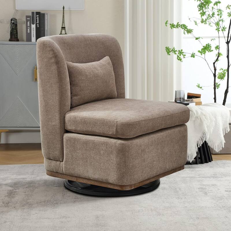 Modern minimalist sofa chair with pillows and metal swivel base for bedroom living room den - Taupe